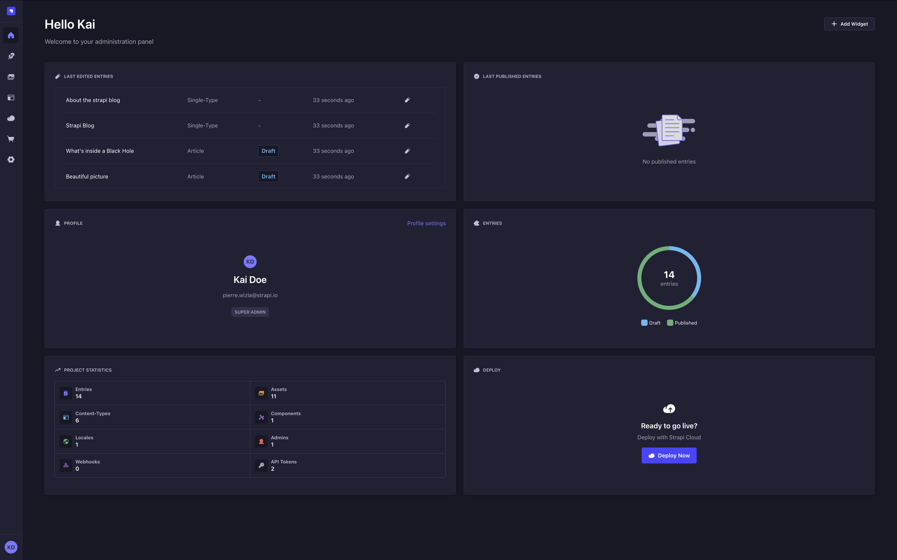 Homepage with default widgets