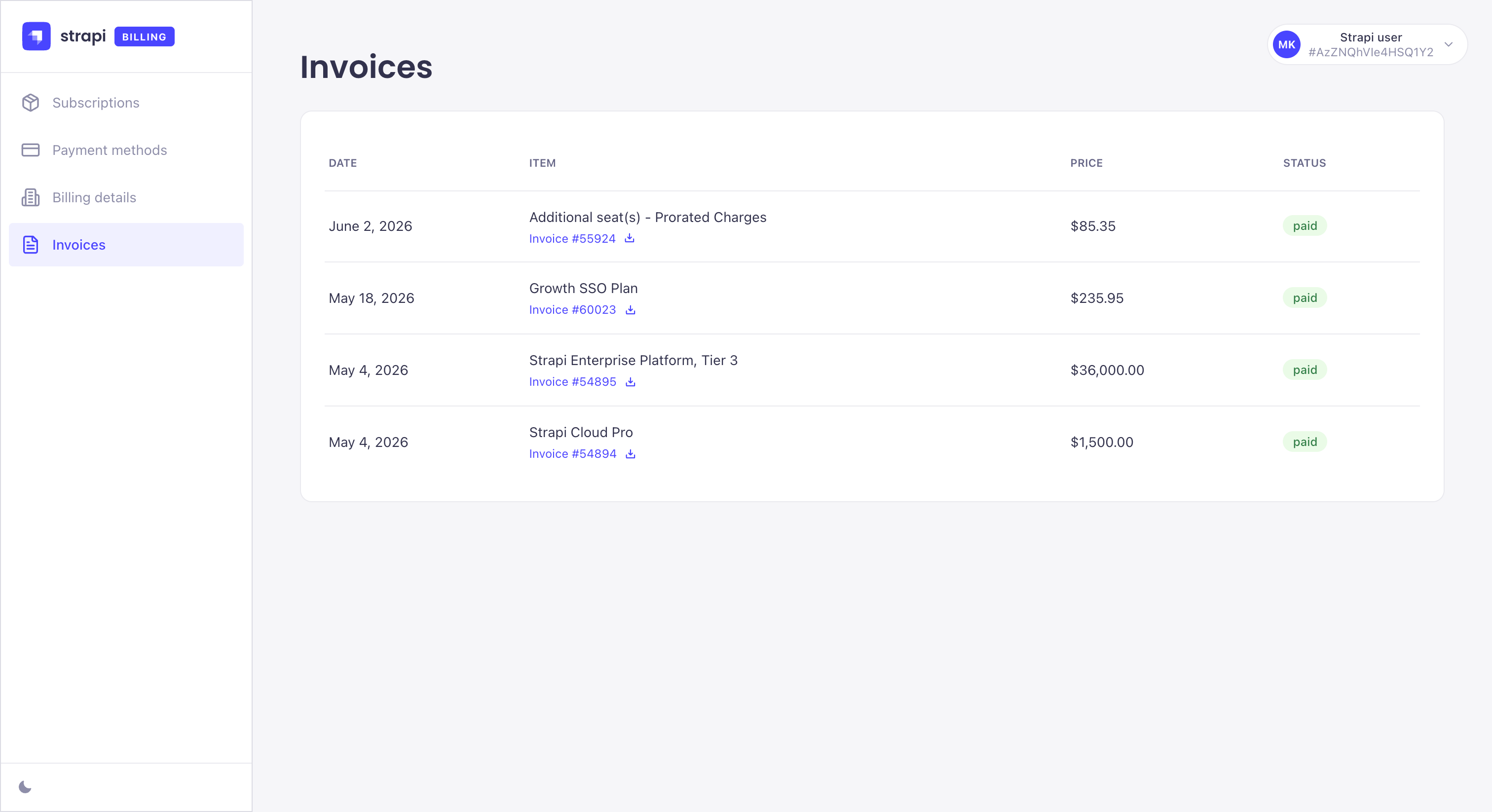 Billing portal screenshot: invoices