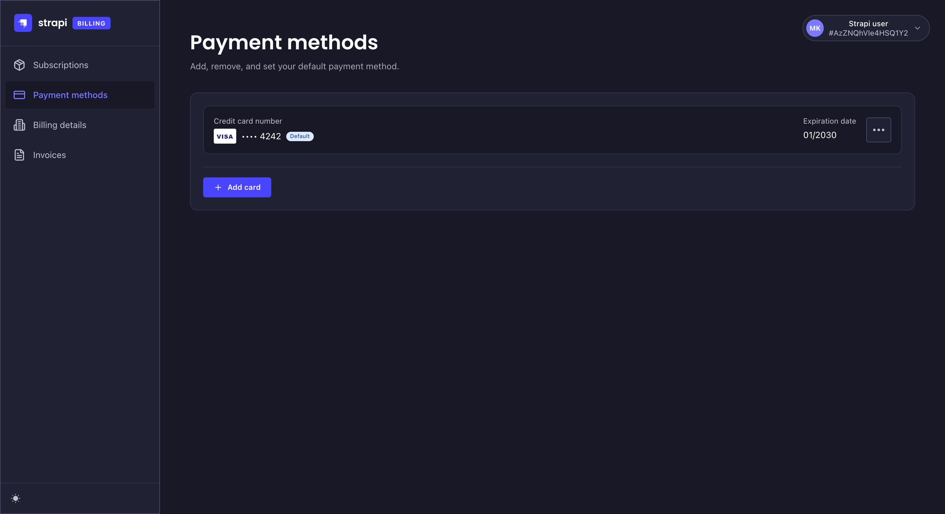 Billing portal screenshot: payment methods